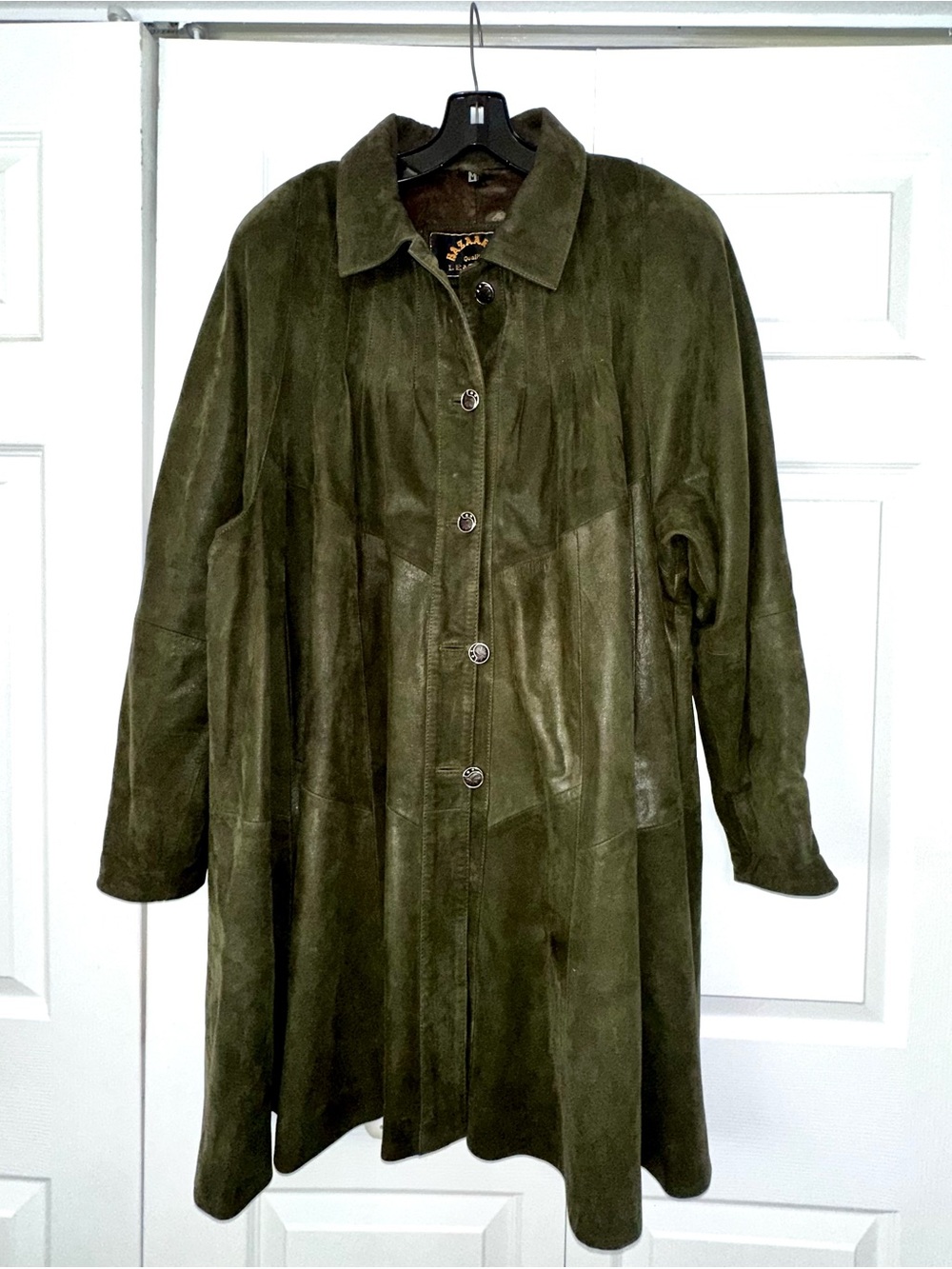 Vintage Artisan Olive Green Suede Trench Coat Statement Buttons Luxury M